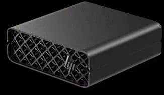 HP ZGX Nano G1n, three-quarter view of the compact black desktop chassis with its diamond lattice intake grille.