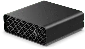 HP ZGX Nano G1n, three-quarter view of the compact black desktop chassis with its diamond lattice intake grille.