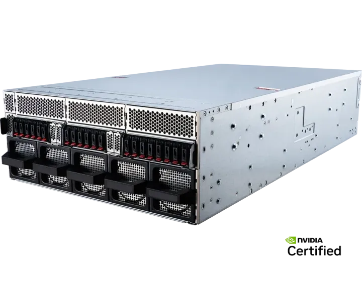 MSI CG480-S5063, three-quarter view of the 4U rackmount chassis with front drive bays and five fan modules, carrying an NVIDIA Certified badge.