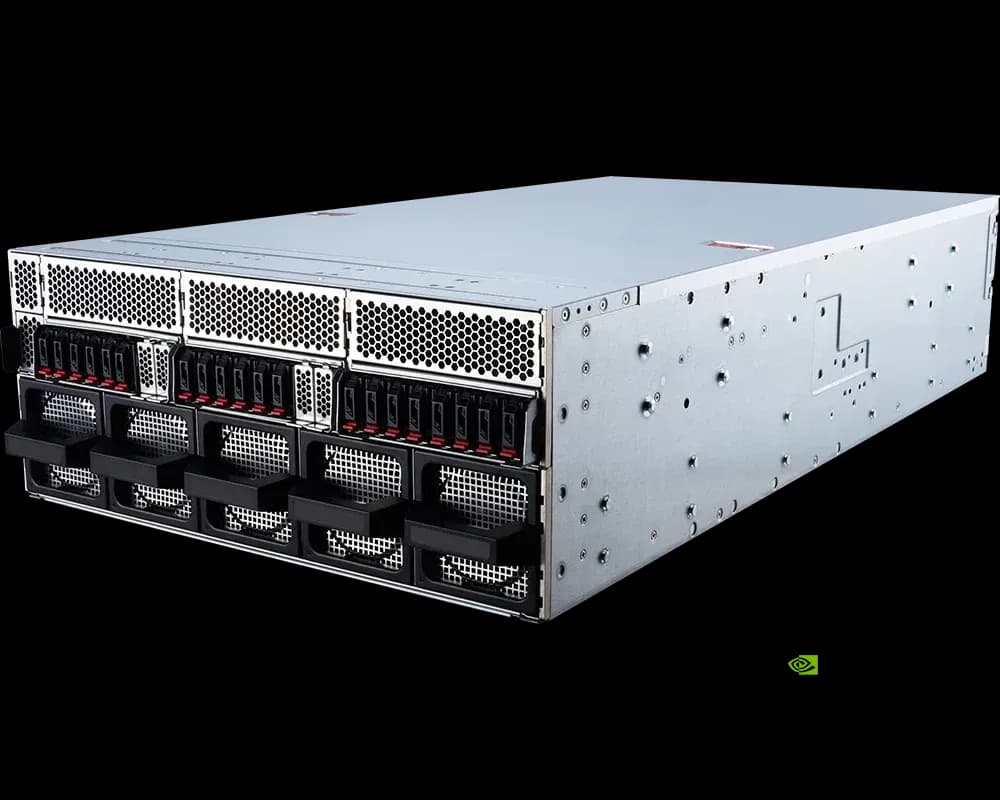 MSI CG480-S5063, three-quarter view of the 4U rackmount chassis with front drive bays and five fan modules, carrying an NVIDIA Certified badge.
