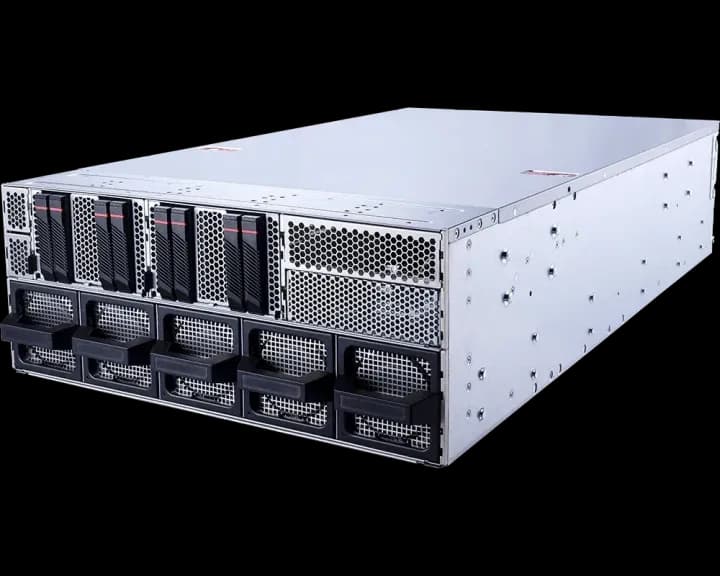 MSI CG480-S6053, three-quarter view of the 4U rackmount chassis with front drive bays and five fan modules.