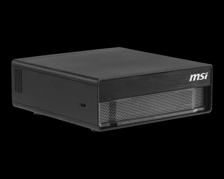 MSI EdgeXpert MS-C931, front three-quarter view of the black desktop chassis with its perforated front intake grille.