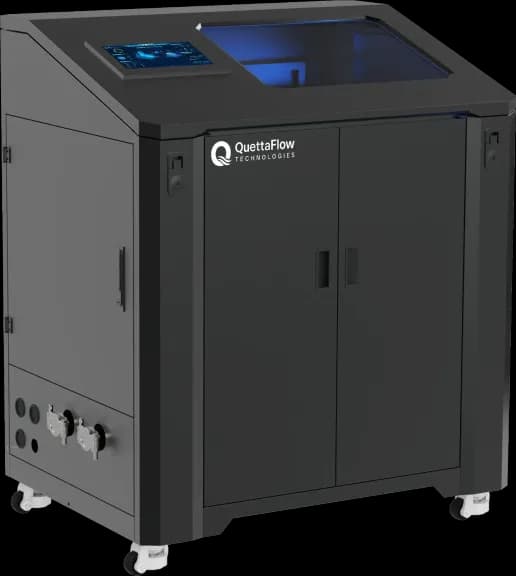 QuettaFlow VASEdge immersion cooling cabinet on castors, angled view, with a control touchscreen and a lit coolant tank behind a transparent lid.