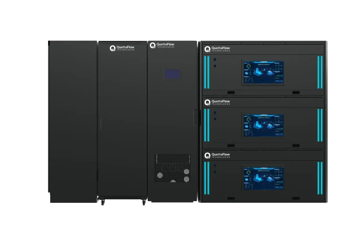 A QuettaFlow VASRack installation seen head on: a row of black cabinets beside a three tier immersion rack, each tier carrying a status display.