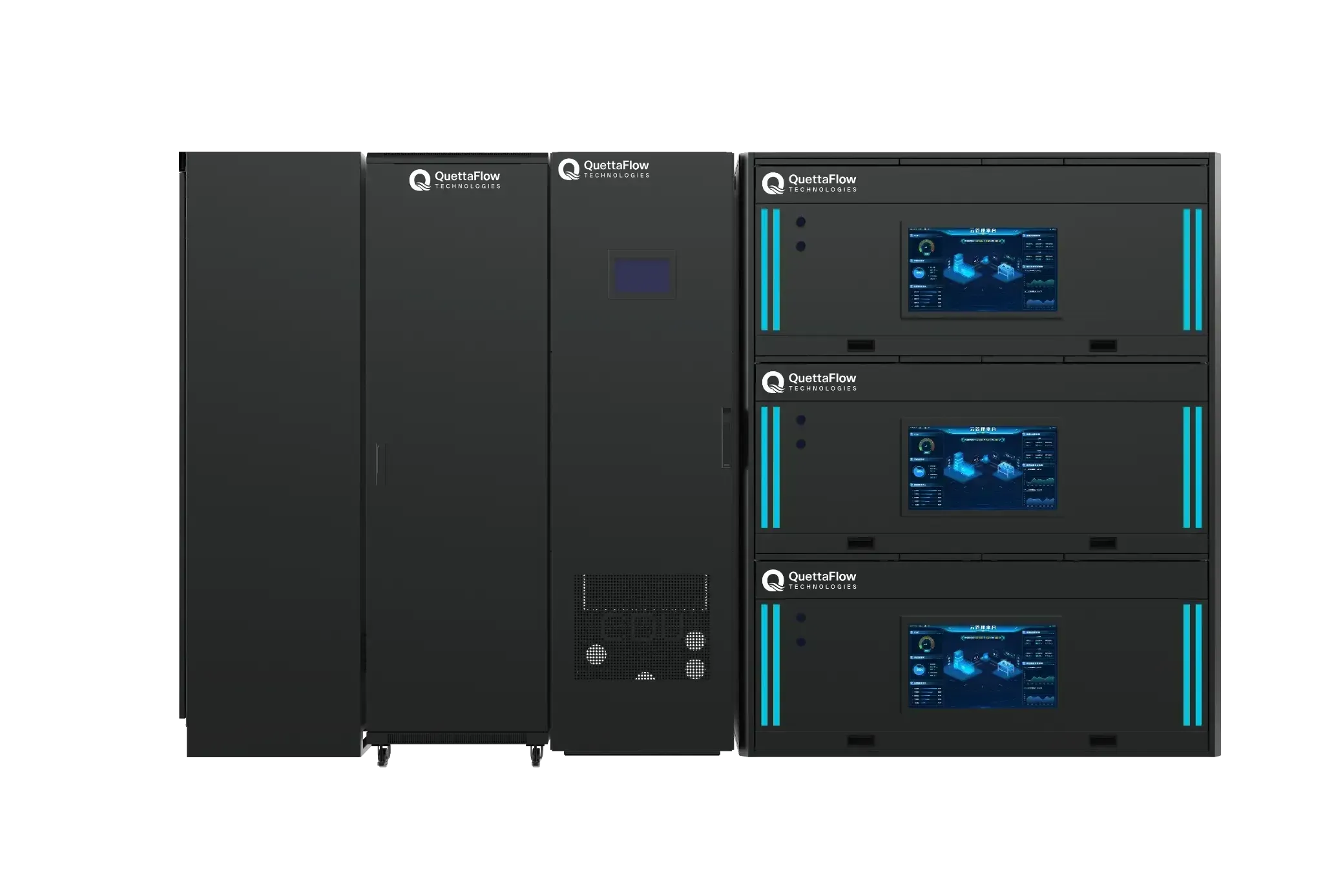 A QuettaFlow VASRack installation seen head on: a row of black cabinets beside a three tier immersion rack, each tier carrying a status display.
