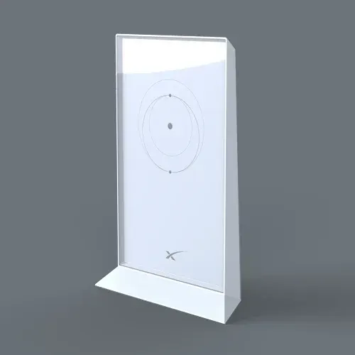 Starlink mesh router standing upright on its base, the orbit motif and SpaceX mark on the front face.