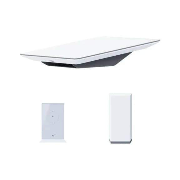 The Starlink Performance Kit laid out: the rectangular high performance dish above, with the router and the power supply below it.