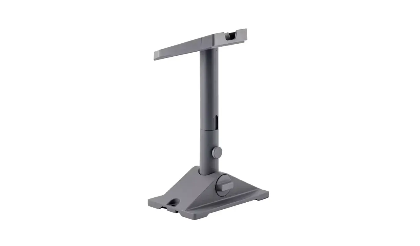 Starlink pivot mount on its own, a grey adjustable post on a triangular base with a locking collar.