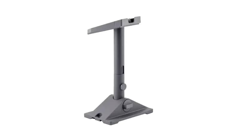Starlink pivot mount on its own, a grey adjustable post on a triangular base with a locking collar.
