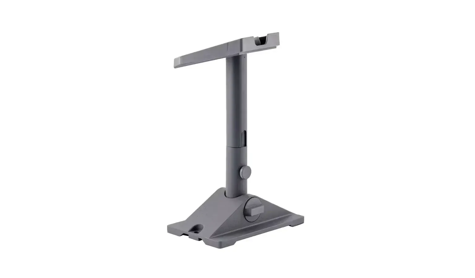 Starlink pivot mount on its own, a grey adjustable post on a triangular base with a locking collar.