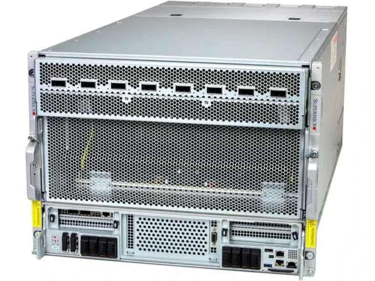 Supermicro AS-8126GS-NB3RT, three-quarter view of the rackmount chassis with a row of network port cutouts across the upper front panel.