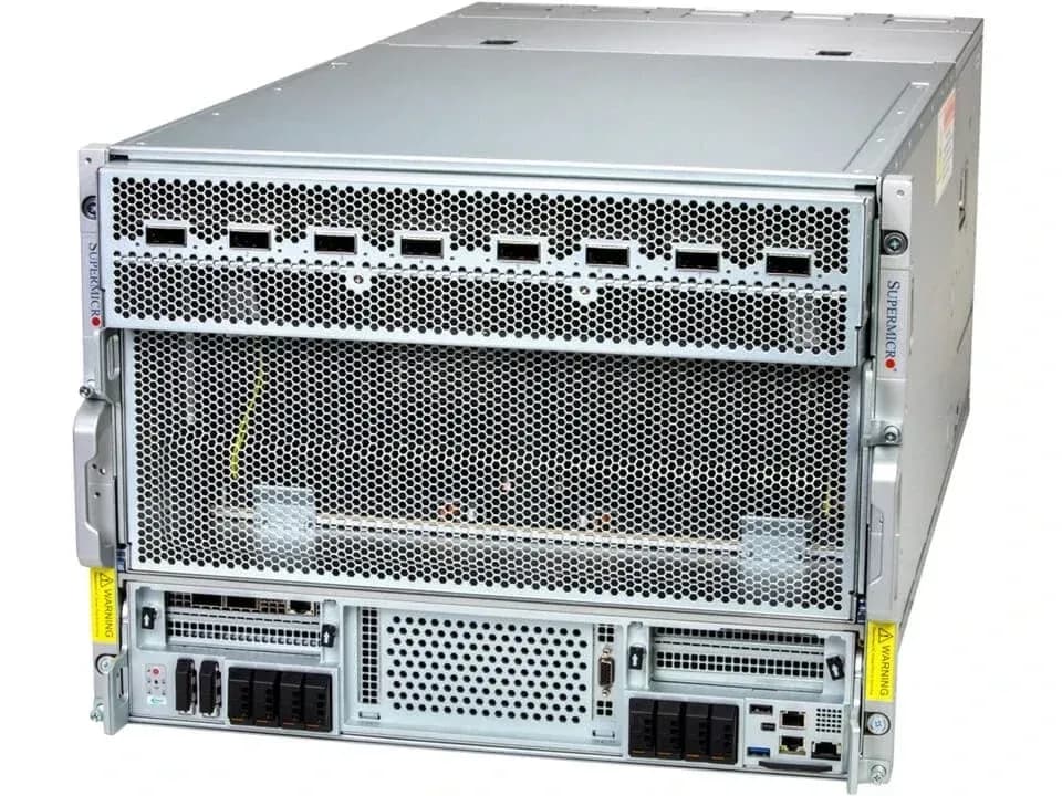 Supermicro AS-8126GS-NB3RT, three-quarter view of the rackmount chassis with a row of network port cutouts across the upper front panel.