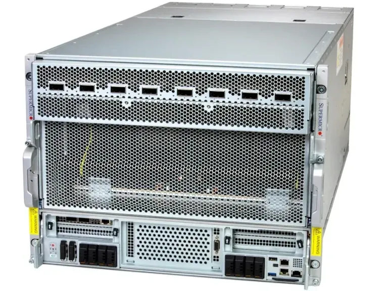 Supermicro SYS-822GS-NB3RT, three-quarter view of the rackmount chassis with a row of network port cutouts across the upper front panel.