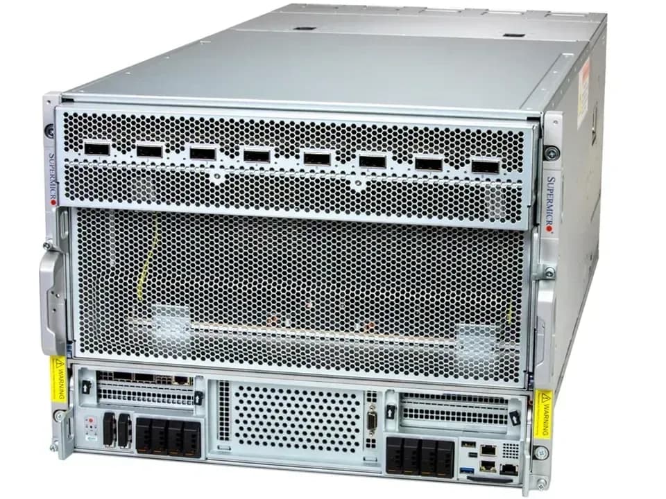 Supermicro SYS-822GS-NB3RT, three-quarter view of the rackmount chassis with a row of network port cutouts across the upper front panel.