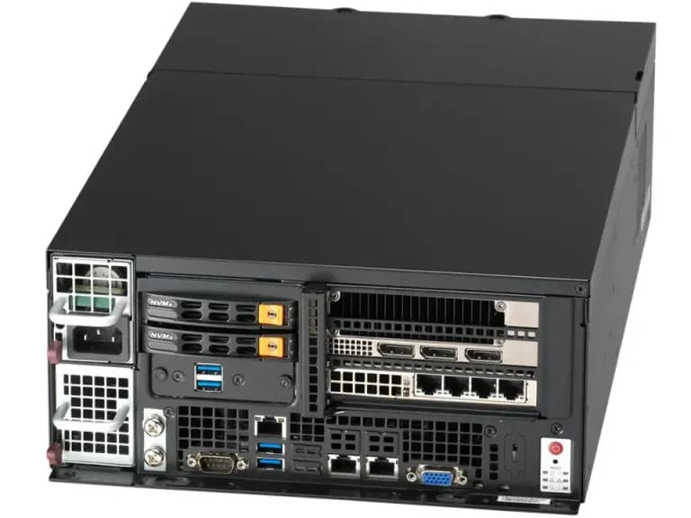 Supermicro SYS-E403-14B, three-quarter view of the compact black tower, showing the power supply bay, NVMe drive carriers, expansion cards and rear port cluster.