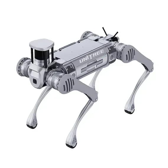 Unitree B2 quadruped robot at an angle, standing on four articulated legs with a rotating lidar unit and camera at the head.