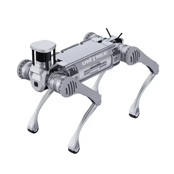 Unitree B2 quadruped robot at an angle, standing on four articulated legs with a rotating lidar unit and camera at the head.