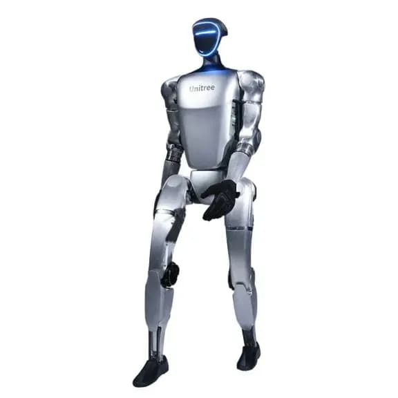 Unitree G1 humanoid robot standing upright, facing forward, with the visor style head panel lit blue and gloved hands at its sides.