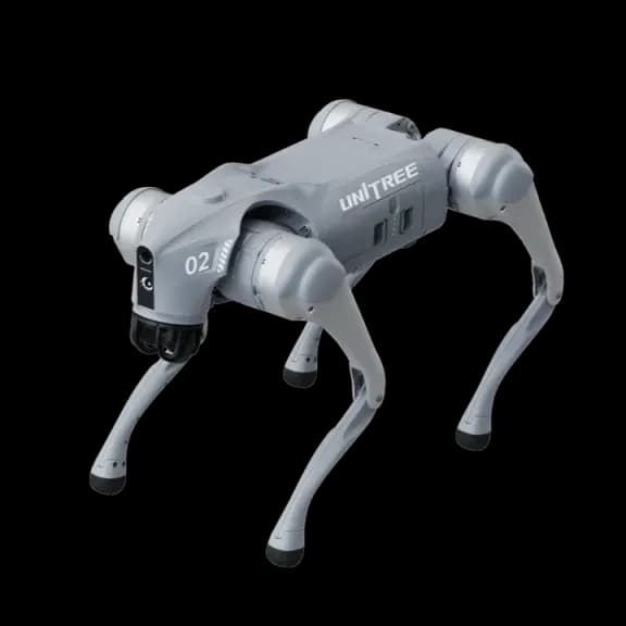 Unitree Go2 quadruped robot at an angle, standing on four legs with the sensor head and front mounted camera facing left.