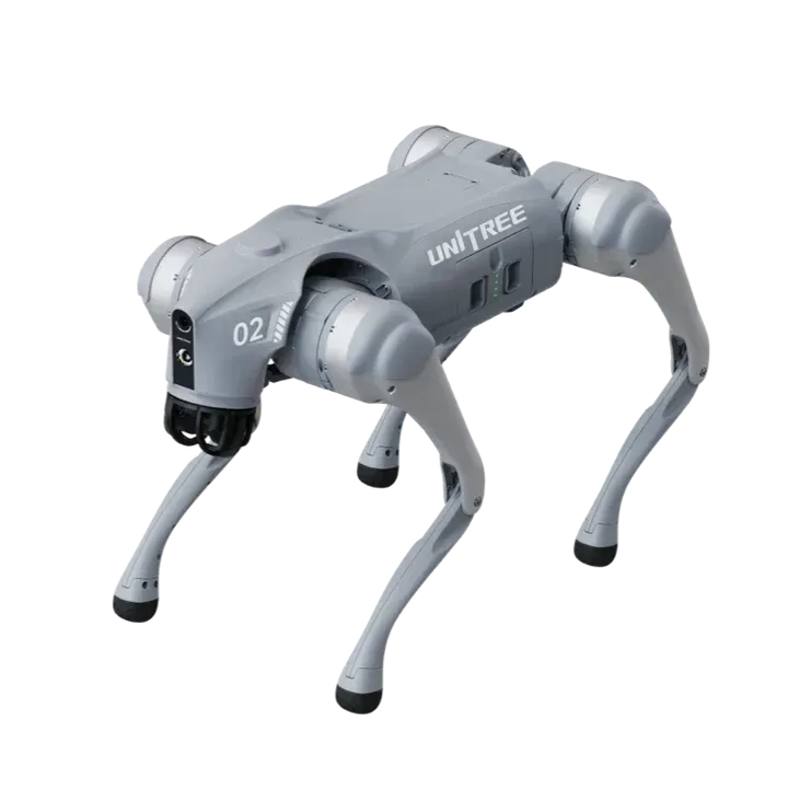Unitree Go2 quadruped robot at an angle, standing on four legs with the sensor head and front mounted camera facing left.