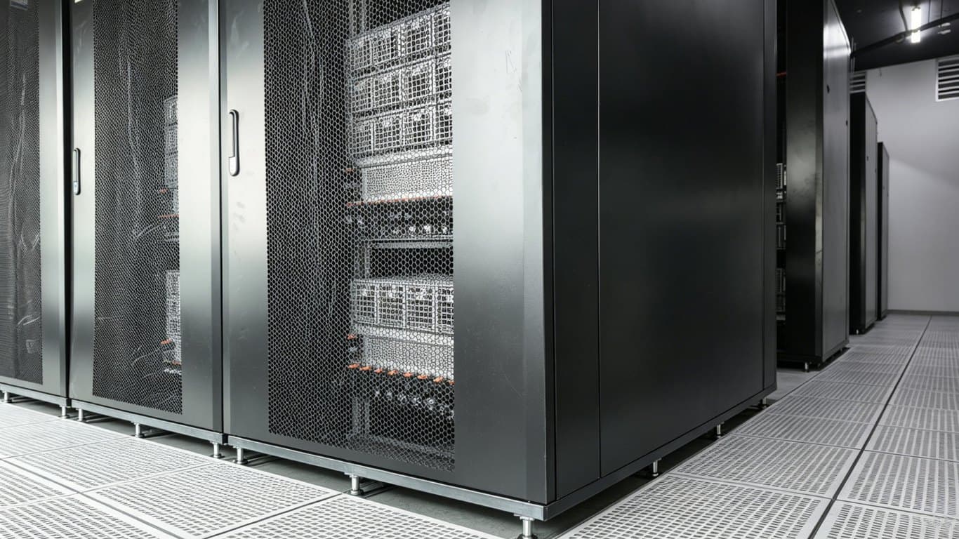 A row of black server cabinets with perforated doors, seen at an angle down the aisle.